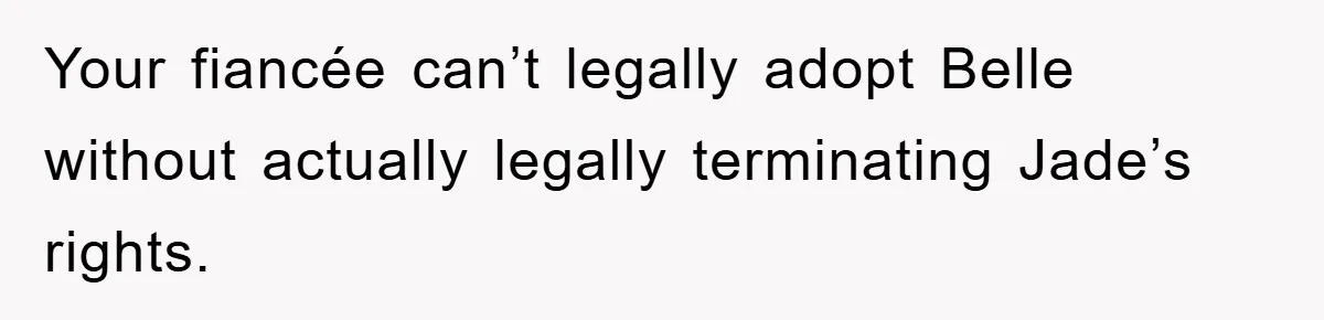 Your fiancée can’t legally adopt Belle without actually legally terminating Jade’s rights.