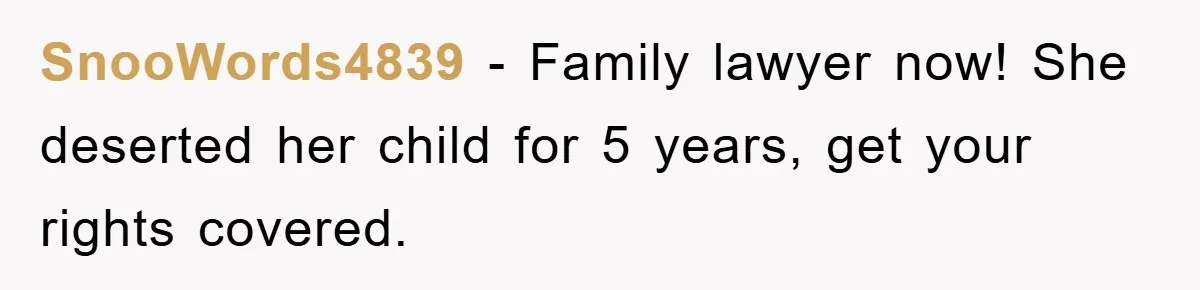 SnooWords4839 − Family lawyer now! She deserted her child for 5 years, get your rights covered.