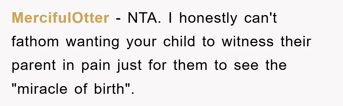MercifulOtter − NTA. I honestly can't fathom wanting your child to witness their parent in pain just for them to see the "miracle of birth".