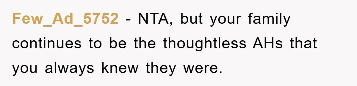 Few_Ad_5752 − NTA, but your family continues to be the thoughtless AHs that you always knew they were.