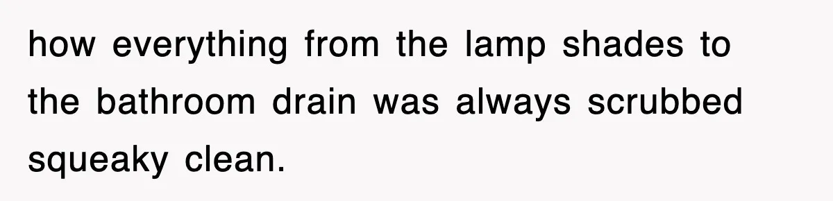 how everything from the lamp shades to the bathroom drain was always scrubbed squeaky clean.