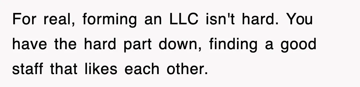 For real, forming an LLC isn't hard. You have the hard part down, finding a good staff that likes each other.