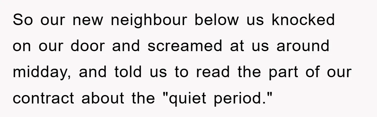 So our new neighbour below us knocked on our door and screamed at us around midday, and told us to read the part of our contract about the "quiet period."
