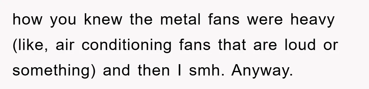 how you knew the metal fans were heavy (like, air conditioning fans that are loud or something) and then I smh. Anyway.