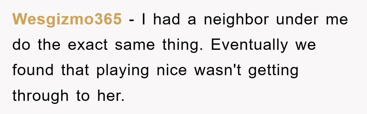 Wesgizmo365 − I had a neighbor under me do the exact same thing. Eventually we found that playing nice wasn't getting through to her.