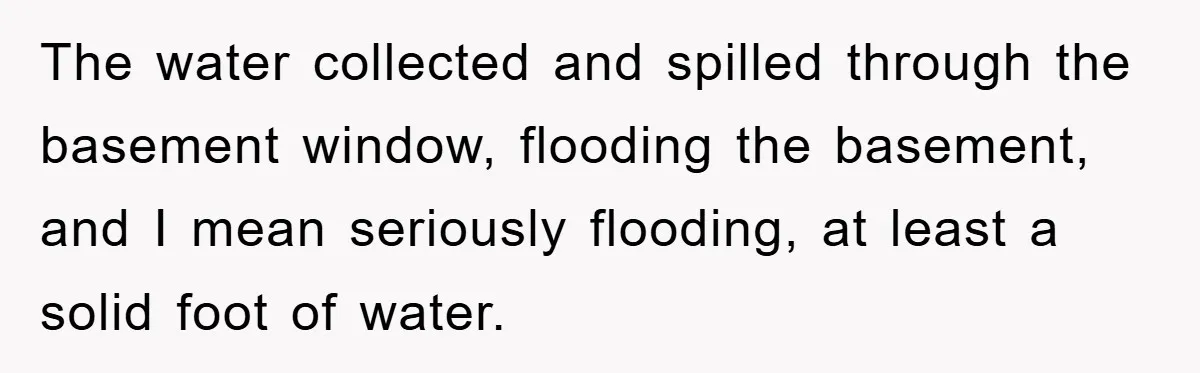 Woman Warned Neighbor About The Rain Tank, They Ignored Her—Now Their Basement’s A Swimming Pool The water collected and spilled through the basement window, flooding the basement, and I mean seriously flooding, at least a solid foot of water.
