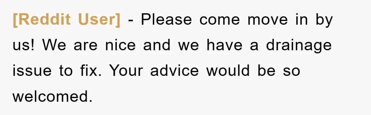 [Reddit User] − Please come move in by us! We are nice and we have a drainage issue to fix. Your advice would be so welcomed.