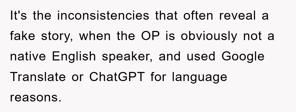 It's the inconsistencies that often reveal a fake story, when the OP is obviously not a native English speaker, and used Google Translate or ChatGPT for language reasons.