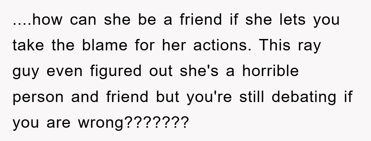 ....how can she be a friend if she lets you take the blame for her actions. This ray guy even figured out she's a horrible person and friend but you're...