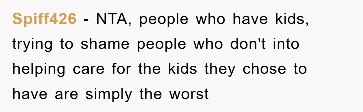 Spiff426 − NTA, people who have kids, trying to shame people who don't into helping care for the kids they chose to have are simply the worst