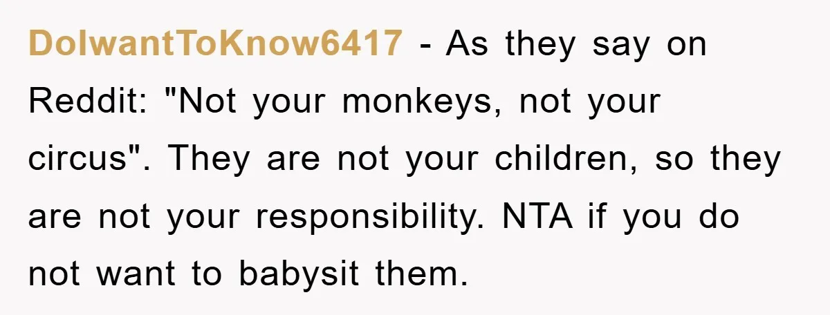 DoIwantToKnow6417 − As they say on Reddit: "Not your monkeys, not your circus". They are not your children, so they are not your responsibility. NTA if you do not want...