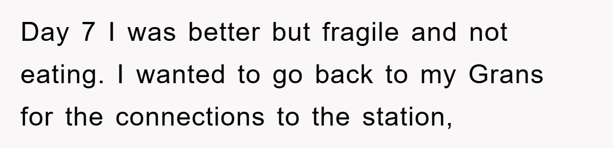 Day 7 I was better but fragile and not eating. I wanted to go back to my Grans for the connections to the station,