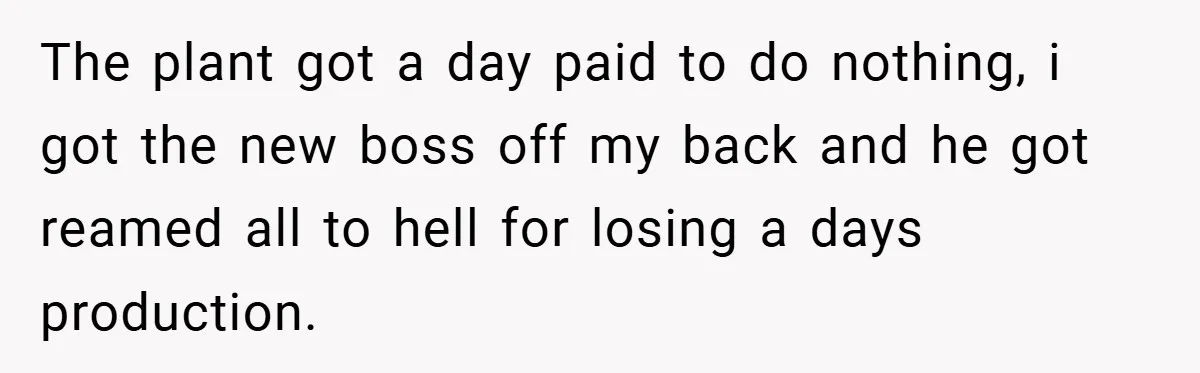 New Manager Forces 9-to-5 Rule - and an Employee’s Malicious Compliance Costs the Company Millions The plant got a day paid to do nothing, i got the new boss off my back and he got reamed all to hell for losing a days production.