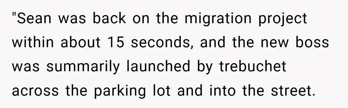 New Manager Forces 9-to-5 Rule - and an Employee’s Malicious Compliance Costs the Company Millions "Sean was back on the migration project within about 15 seconds, and the new boss was summarily launched by trebuchet across the parking lot and into the street.