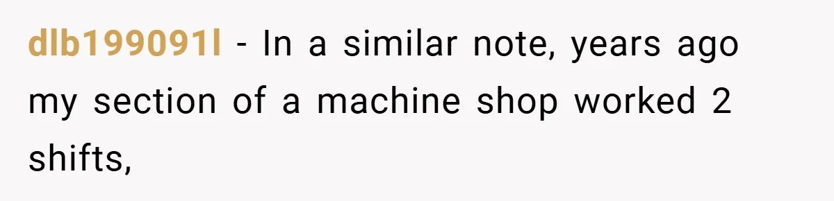 New Manager Forces 9-to-5 Rule - and an Employee’s Malicious Compliance Costs the Company Millions dlb199091l − In a similar note, years ago my section of a machine shop worked 2 shifts,
