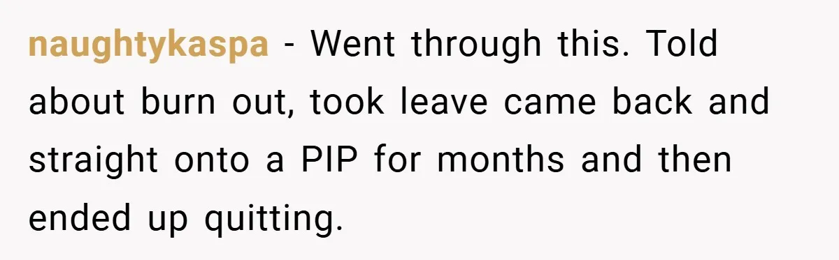 naughtykaspa − Went through this. Told about burn out, took leave came back and straight onto a PIP for months and then ended up quitting.
