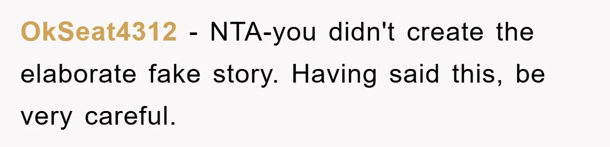 OkSeat4312 − NTA-you didn't create the elaborate fake story. Having said this, be very careful.