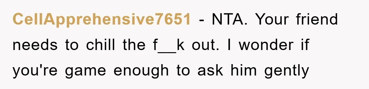 CellApprehensive7651 − NTA. Your friend needs to chill the f__k out. I wonder if you're game enough to ask him gently