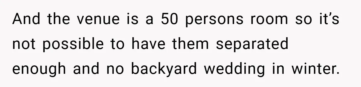 And the venue is a 50 persons room so it’s not possible to have them separated enough and no backyard wedding in winter.