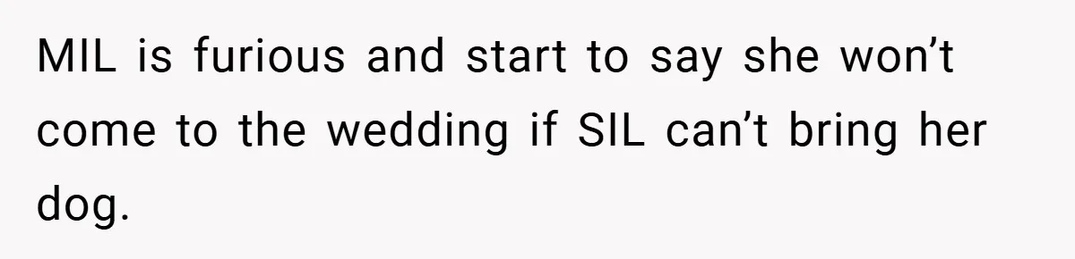 MIL is furious and start to say she won’t come to the wedding if SIL can’t bring her dog.