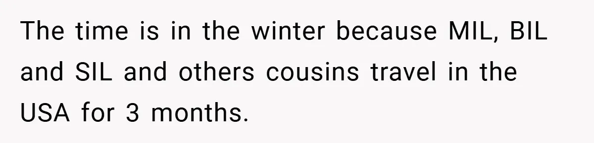 The time is in the winter because MIL, BIL and SIL and others cousins travel in the USA for 3 months.
