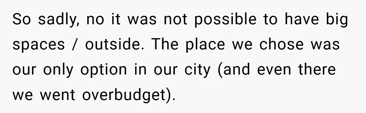 So sadly, no it was not possible to have big spaces / outside. The place we chose was our only option in our city (and even there we went overbudget).