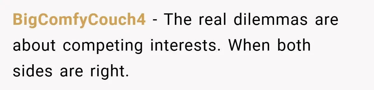 BigComfyCouch4 − The real dilemmas are about competing interests. When both sides are right.