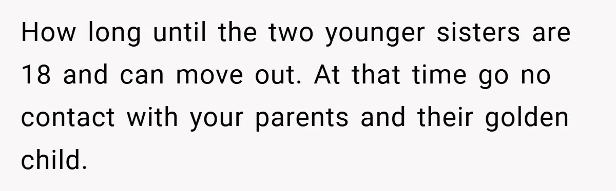 How long until the two younger sisters are 18 and can move out. At that time go no contact with your parents and their golden child.