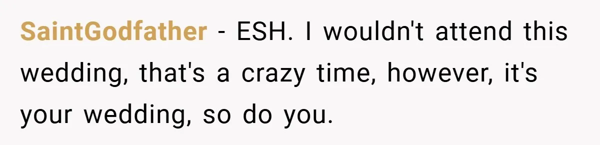 SaintGodfather − ESH. I wouldn't attend this wedding, that's a crazy time, however, it's your wedding, so do you.