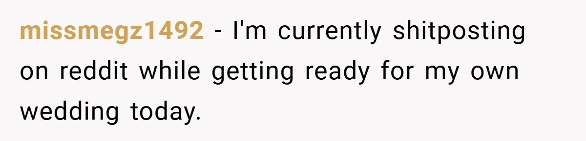 missmegz1492 − I'm currently shitposting on reddit while getting ready for my own wedding today.
