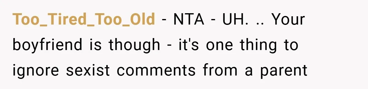 Too_Tired_Too_Old − NTA - UH. .. Your boyfriend is though - it's one thing to ignore sexist comments from a parent