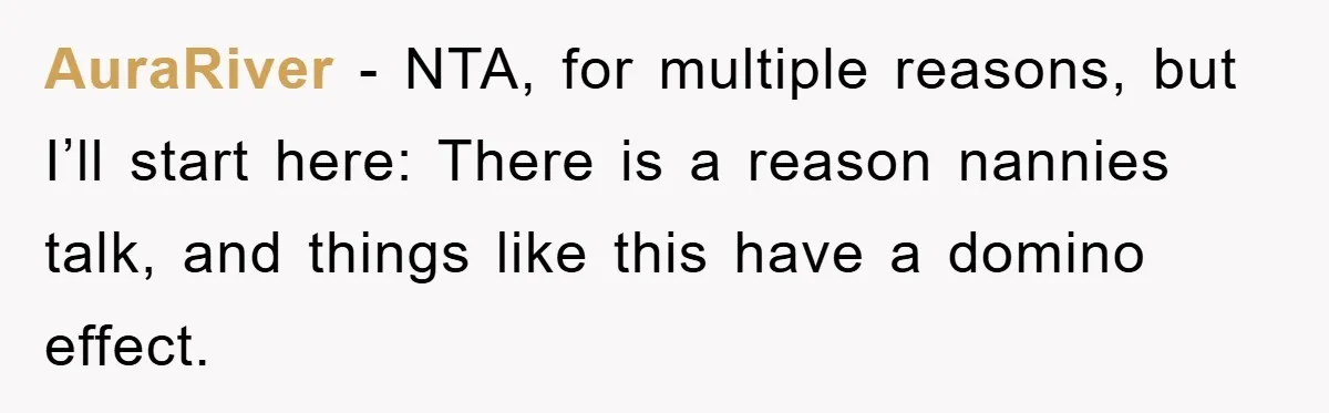 AuraRiver − NTA, for multiple reasons, but I’ll start here: There is a reason nannies talk, and things like this have a domino effect.