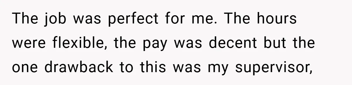 The job was perfect for me. The hours were flexible, the pay was decent but the one drawback to this was my supervisor,