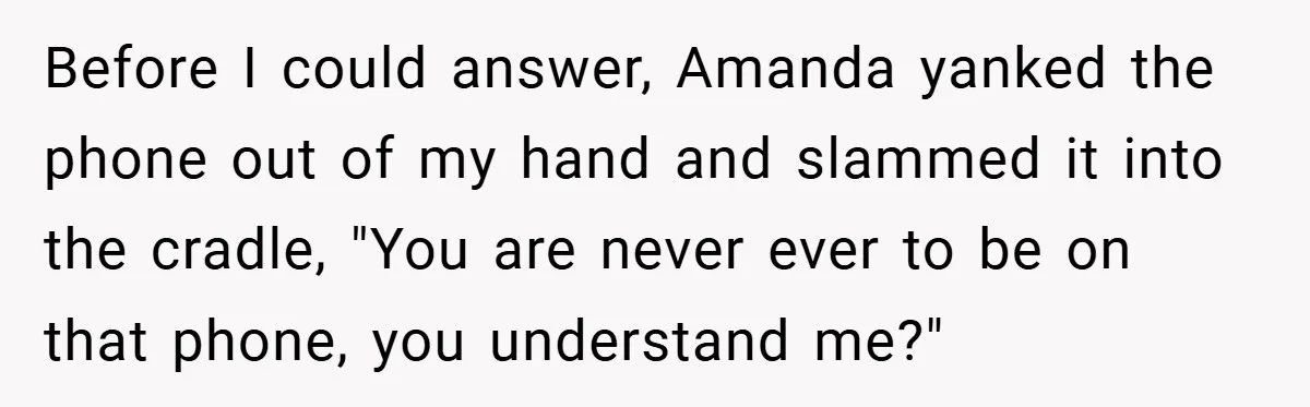 Before I could answer, Amanda yanked the phone out of my hand and slammed it into the cradle, "You are never ever to be on that phone, you understand me?"