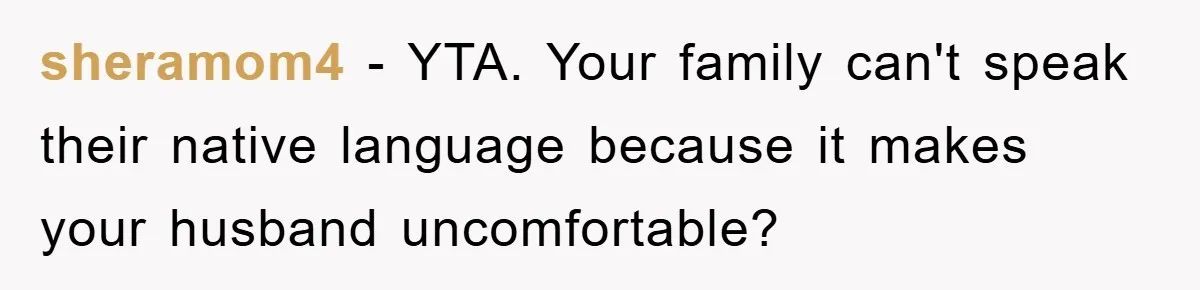 sheramom4 − YTA. Your family can't speak their native language because it makes your husband uncomfortable?