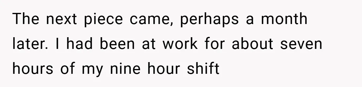The next piece came, perhaps a month later. I had been at work for about seven hours of my nine hour shift