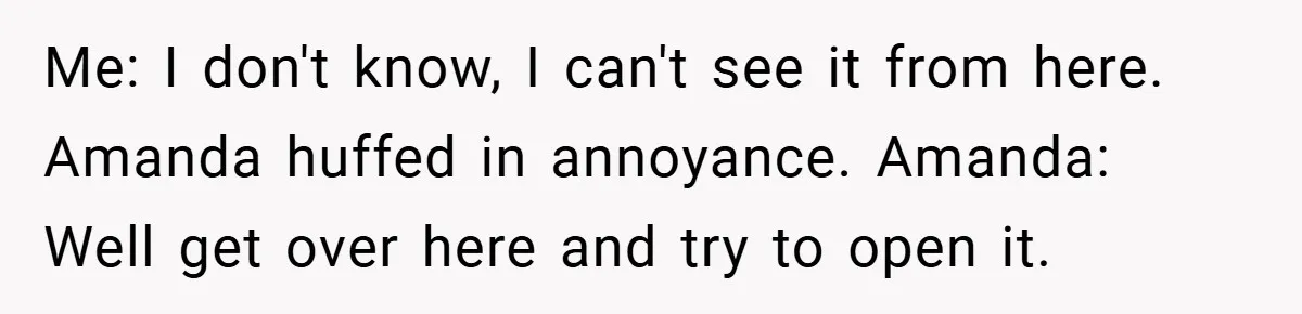 Me: I don't know, I can't see it from here. Amanda huffed in annoyance. Amanda: Well get over here and try to open it.