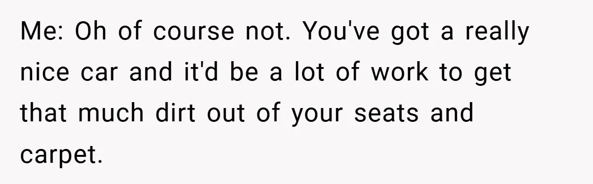 Me: Oh of course not. You've got a really nice car and it'd be a lot of work to get that much dirt out of your seats and carpet.