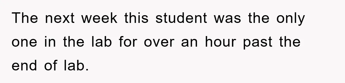 The next week this student was the only one in the lab for over an hour past the end of lab.