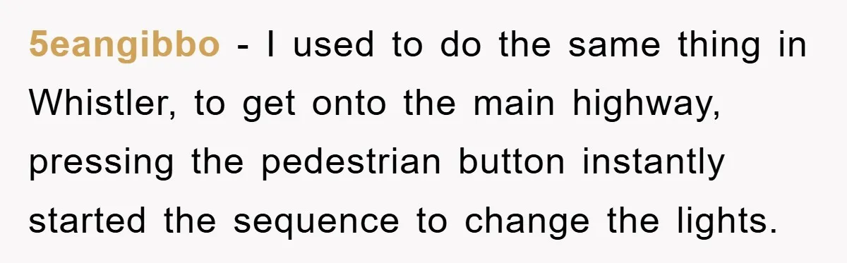 5eangibbo − I used to do the same thing in Whistler, to get onto the main highway, pressing the pedestrian button instantly started the sequence to change the lights.