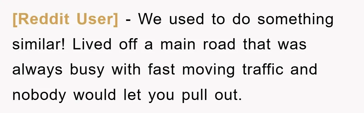 [Reddit User] − We used to do something similar! Lived off a main road that was always busy with fast moving traffic and nobody would let you pull out.