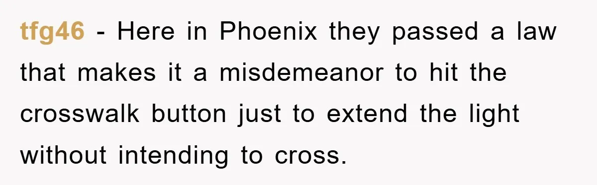tfg46 − Here in Phoenix they passed a law that makes it a misdemeanor to hit the crosswalk button just to extend the light without intending to cross.