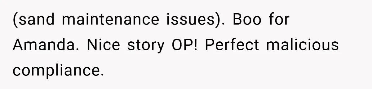 (sand maintenance issues). Boo for Amanda. Nice story OP! Perfect malicious compliance.