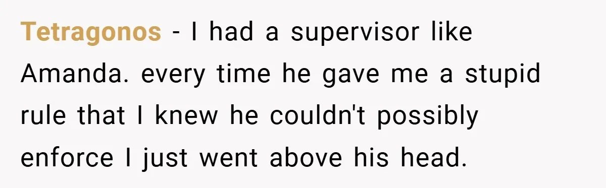 Tetragonos − I had a supervisor like Amanda. every time he gave me a stupid rule that I knew he couldn't possibly enforce I just went above his head.