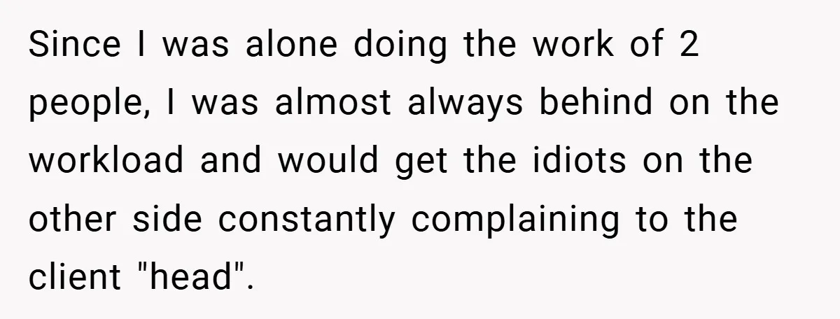 Since I was alone doing the work of 2 people, I was almost always behind on the workload and would get the idiots on the other side constantly complaining to...