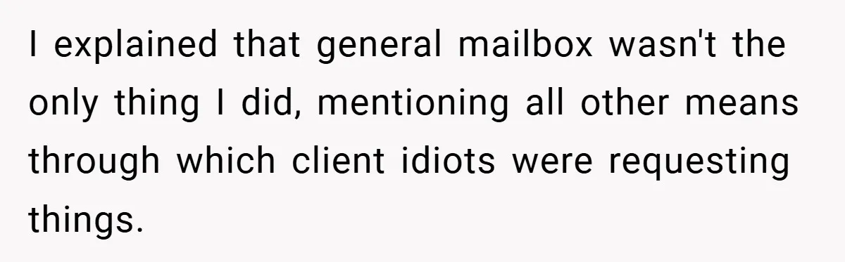 I explained that general mailbox wasn't the only thing I did, mentioning all other means through which client idiots were requesting things.