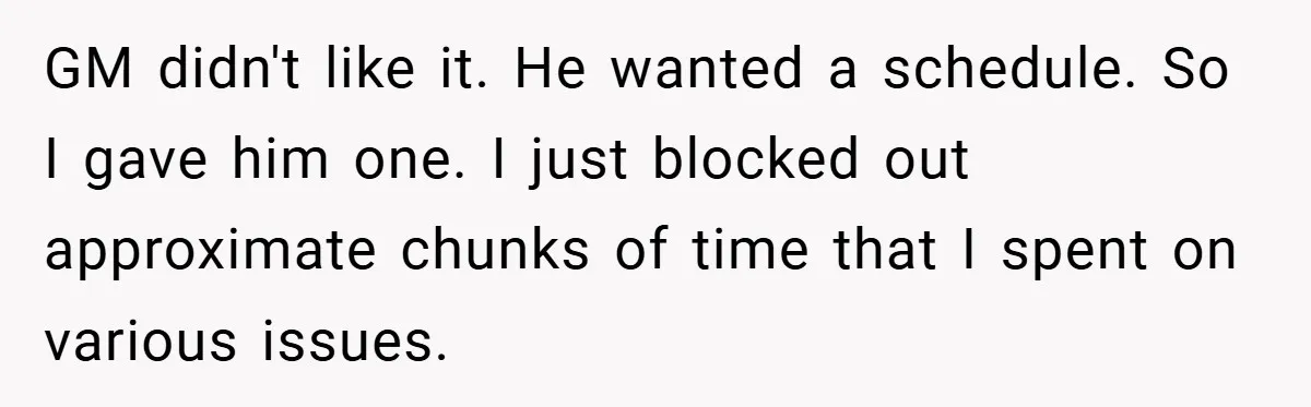 GM didn't like it. He wanted a schedule. So I gave him one. I just blocked out approximate chunks of time that I spent on various issues.
