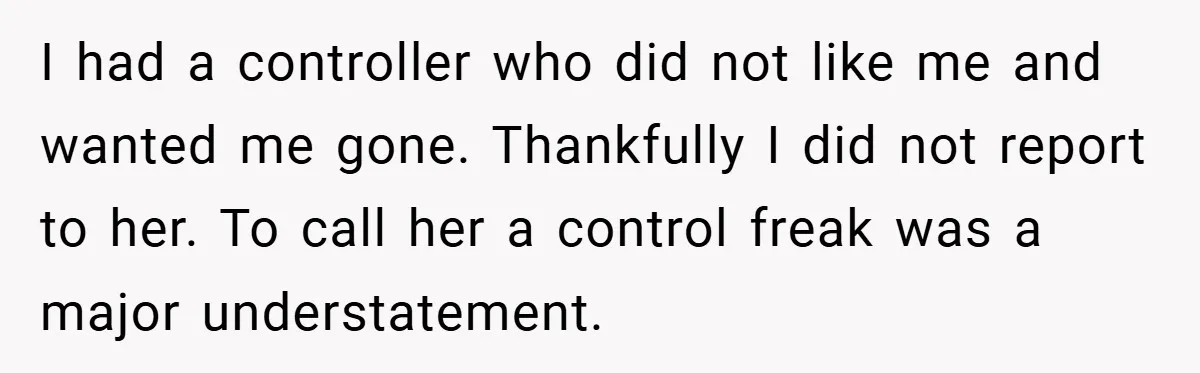 I had a controller who did not like me and wanted me gone. Thankfully I did not report to her. To call her a control freak was a major understatement.