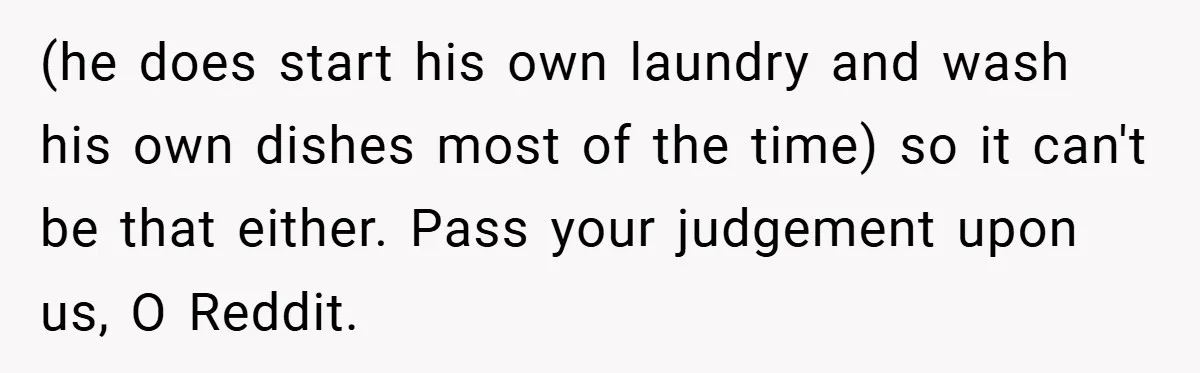 (he does start his own laundry and wash his own dishes most of the time) so it can't be that either. Pass your judgement upon us, O Reddit.