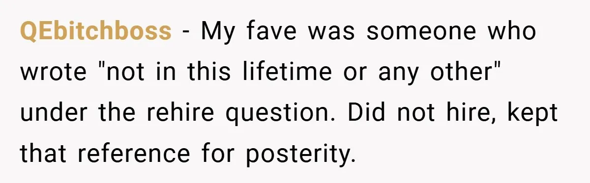 QEbitchboss − My fave was someone who wrote "not in this lifetime or any other" under the rehire question. Did not hire, kept that reference for posterity.